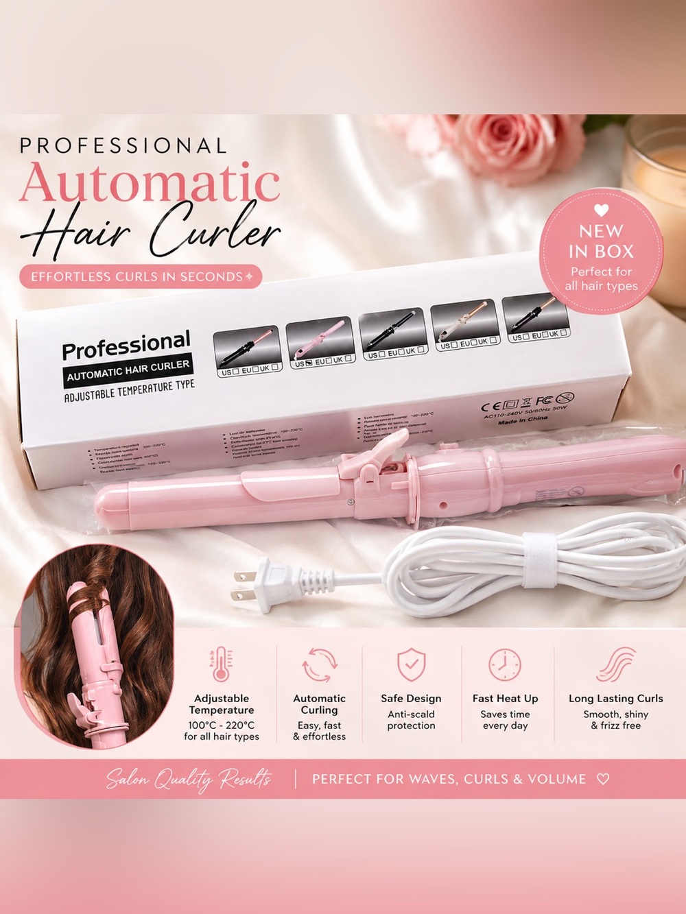 Hair Curler Pink Ceramic Curling Wand NEW IN BOX Salon Styling Tool